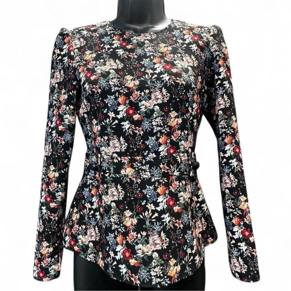 Zara Blouse Floral Design Fitted Waist Pleated Sleeves - Picture 2 of 8